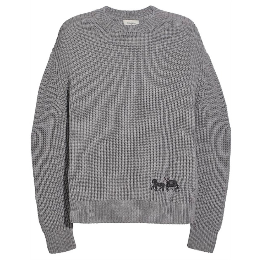 Coach Sweater Wool Men L Gray Horse Carriage Logo Crew Neck Rare Luxury